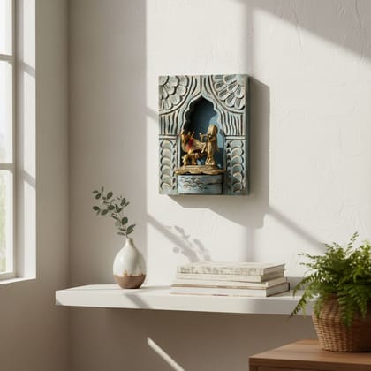 VMAntique Decor Handicraft Carved Pooja-Stand Jharokha, Wall Hanging God-Statue Stand,Wooden Blue-Background Wall-Jharokha, Pooja-Room Decors Jharokha