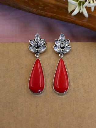 Oxidised Monalisa Stone Dangler Earrings for Special Occasions | Sarichka-Red