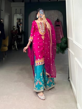 Ethenika Silk Sequence Embroidery Work Kurti Sharara Dupatta Set (Stitched)-Free Size [Alters 38-44]