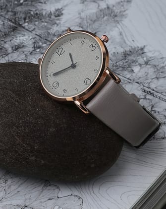 Grey & Gold Analog Round Dial With Black Hour Marker & Grey Leather Strap-Watches
