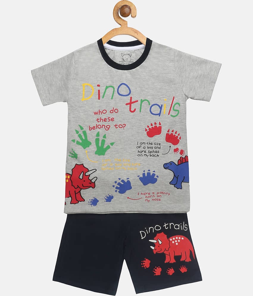 Lazy Shark Pack of 1 Boys Cotton Blend T-Shirt & Shorts Set ( Grey )