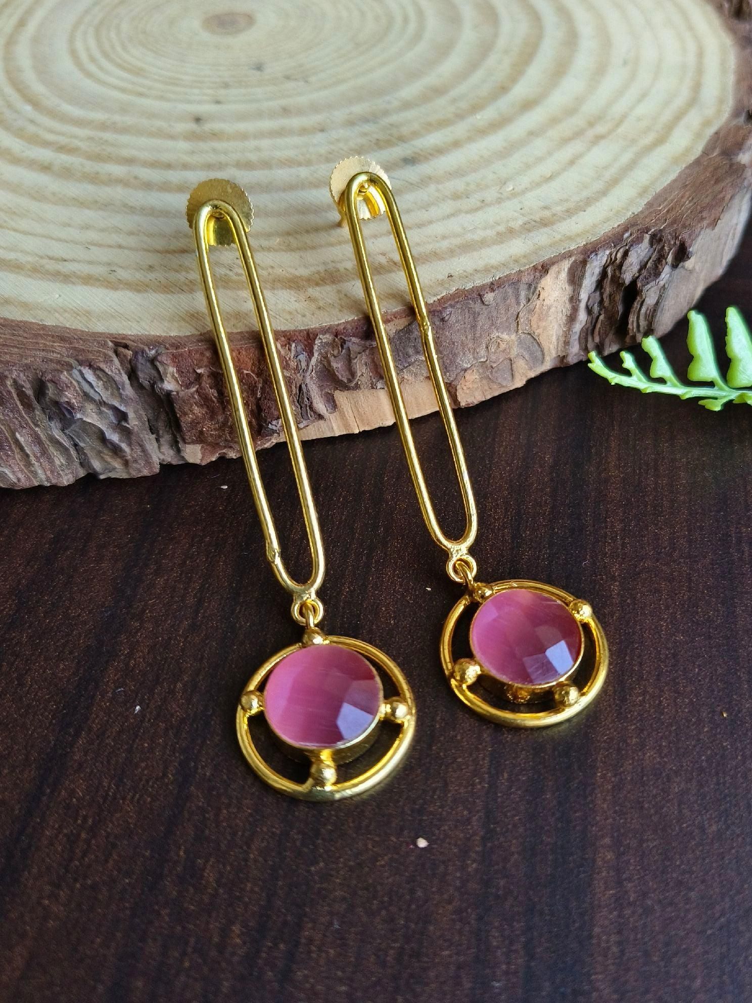Golden Handcrafted Western Earrings with Monalisa Stone | Sarichka-Pink