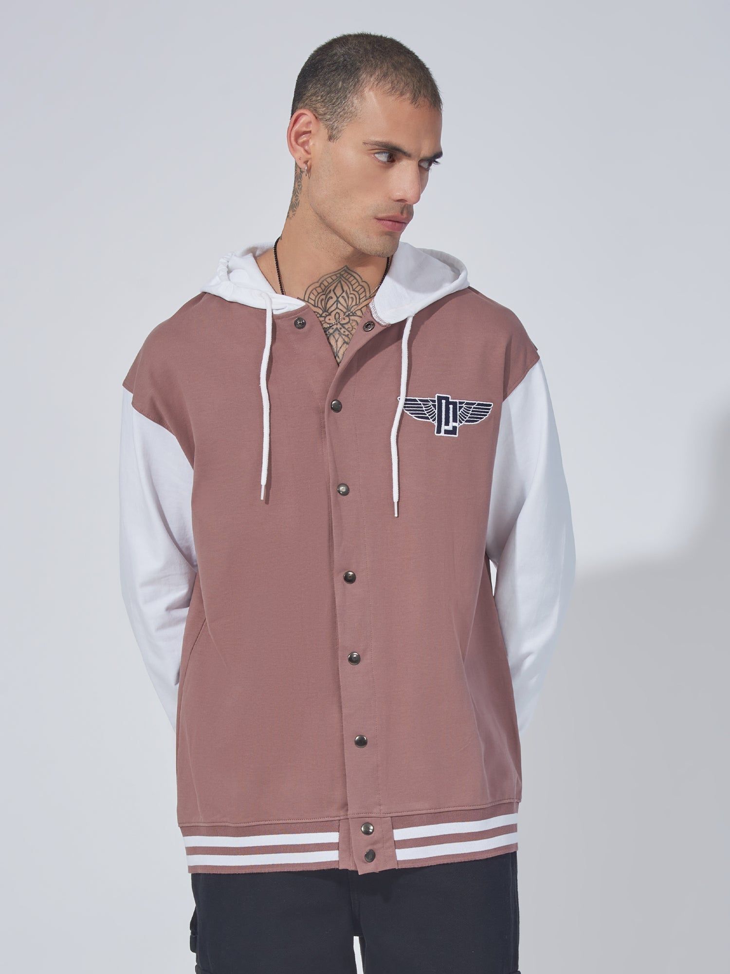 Dusty Pink hooded M wing Full Sleeve Shacket-S