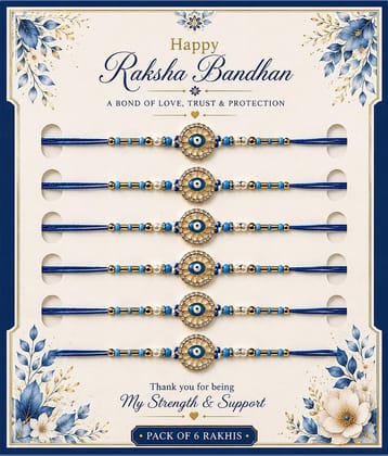 Rhosyn Handmade 6 × Evil Eye (Nazar) Rakhis 1 × Greeting Card 1 × Small Roli Pack Adjustable Rakhi ( Pack of 6 , Blue )