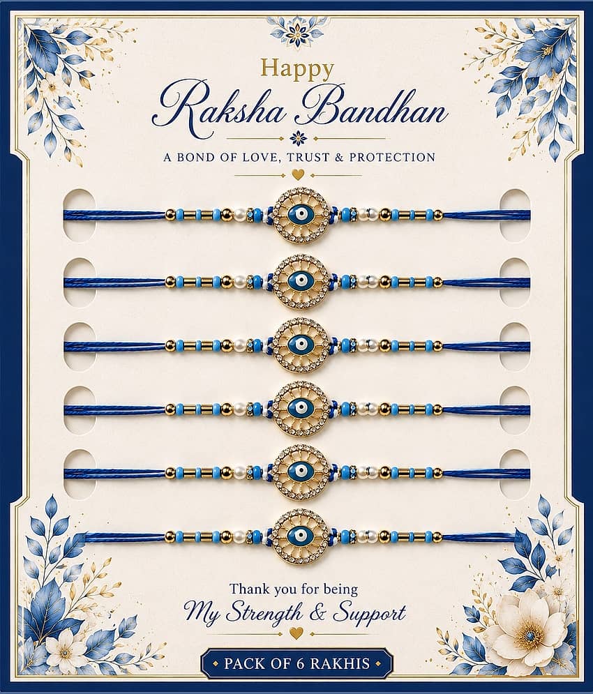 Rhosyn Handmade 6 × Evil Eye (Nazar) Rakhis 1 × Greeting Card 1 × Small Roli Pack Adjustable Rakhi ( Pack of 6 , Blue )