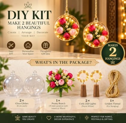 Artificial Peony Flowers Decoration with Cork Light, 2 Glass Globes, Diwali Decoration Items, Festive Home Decor
