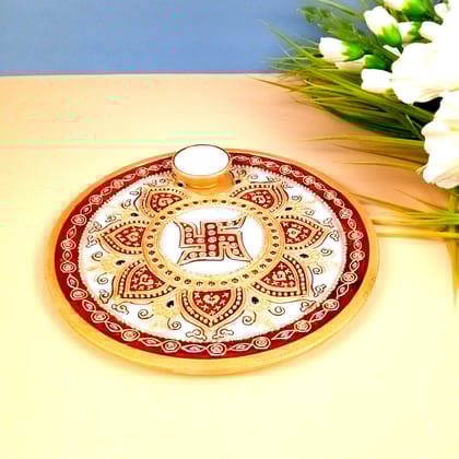 Marble Puja Thali With Diya / Bowl | Aarti Plate With Intricate Detailing & Swastik Design - For Pooja, Weddings, Temple, Rakhi, Karwachauth & Festival Decor - 9 Inch