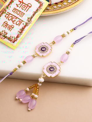 NVR Set of 2 Purple Artificial Stones & Beads Floral Design Thread Bhaiya Bhabhi Rakhi with Roli Chawal Chandan & Mishri-One Size / Purple