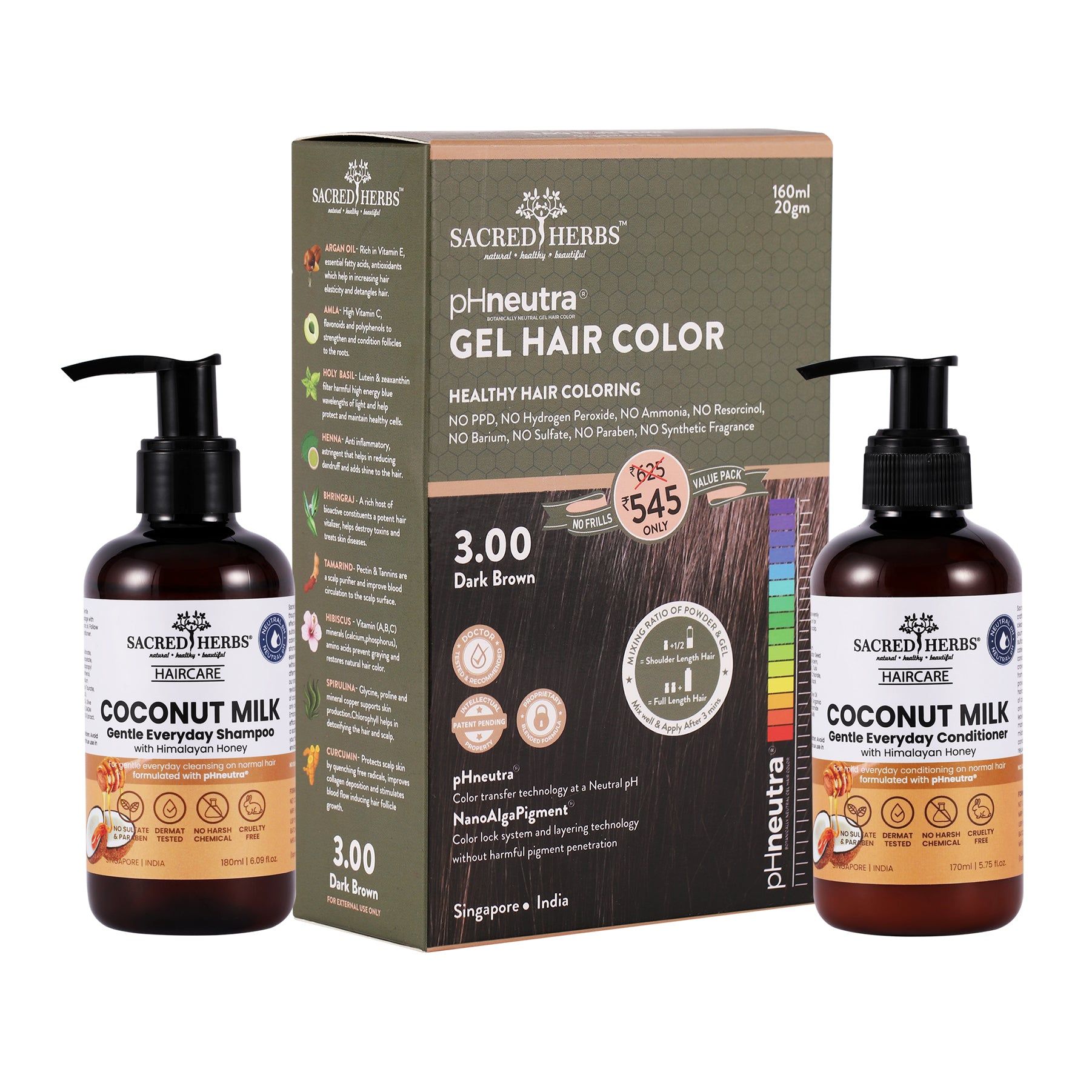 Coconut Milk Hair Care: Complete Hair Color Value Pack-Dark Brown + Shampoo-Conditioner