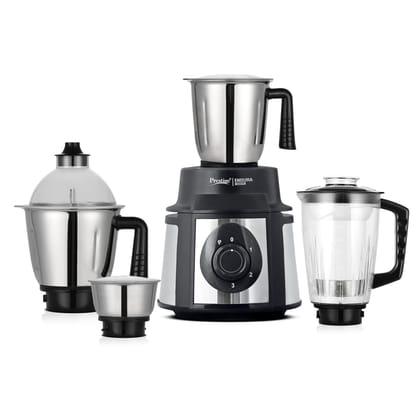 Prestige Endura 1000 Watt Mixer Grinder with 4 Jars | Heavy-Duty Ball Bearing Copper Motor | 3 Stainless Steel + 1 Juicer | Super Efficient SS Blades | Black | 5Y Motor Warranty Prestige Endura 1000 Watt Mixer Grinder with 4 Jars | Heavy-Duty Ball Bearin