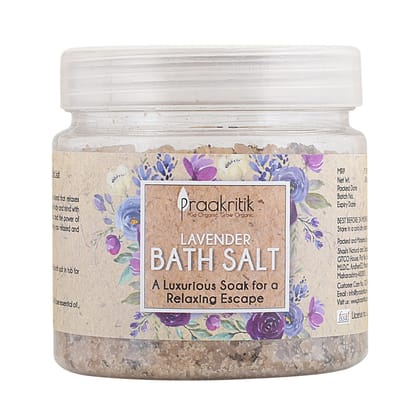 Praakritik Lavender Bath Salt 300g - blend of Himalayan salt and lavender essential oil, designed to relax, refresh, and soothe the body.