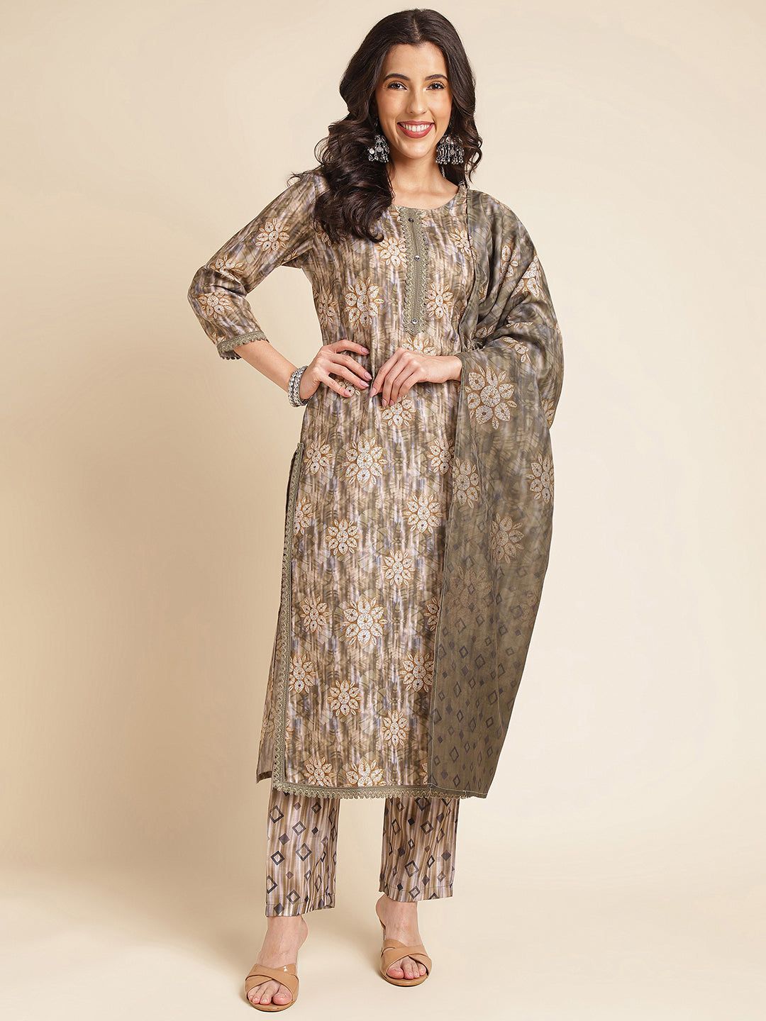 Dark Beige Printed A-line Muslin Round Neck Kurta Set-S