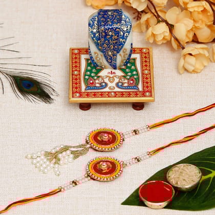 Designer Handcrafted Premium Bhaiya Bhabhi Rakhi with Lord Ganesha on Marble Chowki and Roli Chawal Pack
