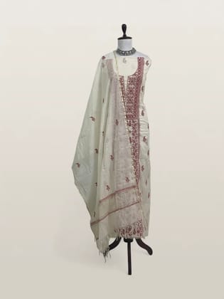 Chikankari Mul Chanderi Dress Material Ivory Rose Red Floral Chikankari Mul Chanderi Dress Material Ivory Rose Red Floral