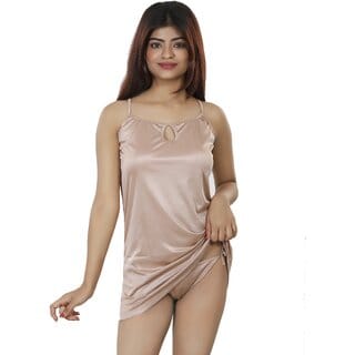 Women Fashionable Nightwear Set of Two, Nighty  Thong, Solid Satin Beige - S