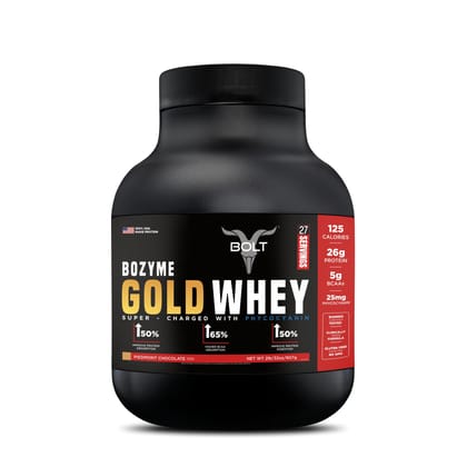 Bolt Bozyme Gold whey | With Superfood PHYCOCYANIN | Isolate Whey Protein Blend | 26g Protein | 5g EAA |  Bozyme (digestive enzyme Blend)| 50% Higher Protein Absorption-2lbs / Piedmont Chocolate