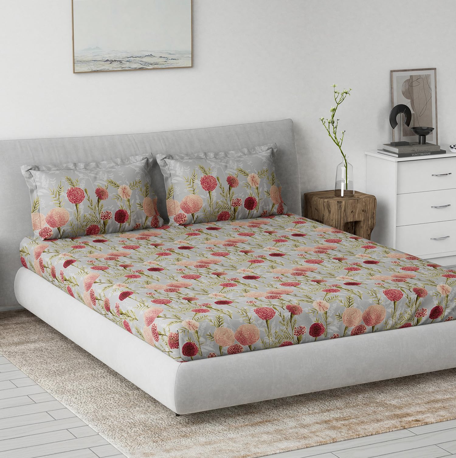 DDECOR - Primary Collection 100% Cotton Floral Pattern 145TC King Fitted Sheet|180 CM X 198 CM| - Pink