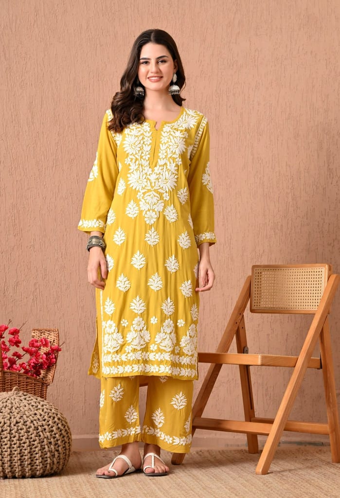 Hand Embroidered Chikankari Plazo Set with 3d Work-Mango yellow