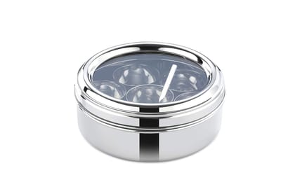 LLM Stainless Steel Masala Dabba with 7 Compartments, See-through Lid, Mirror Finish, Silver LLM Stainless Steel Masala Dabba with 7 Compartments, See-through Lid, Mirror Finish, Silver