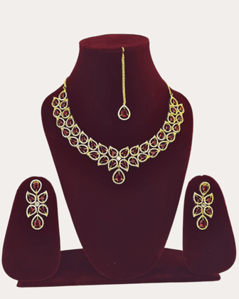 Costume Ad Stone Fitted Elegant Rose Colour Necklace Set With Maang Tikka