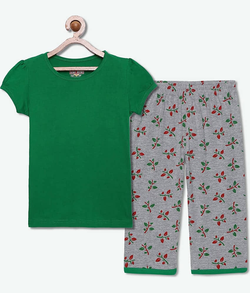 Sini Mini Pack of 1 Girls Cotton Top With Capris ( Dark Green )