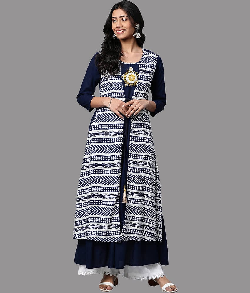 Yash Gallery - Blue Rayon Women's Jacket Style Kurti ( Pack of 1 )