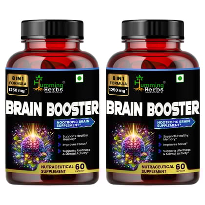 Humming Herbs Brain Booster | Nootropic Brain Supplement for Memory, Focus, & Mental Clarity - 8 in 1 Formula with GABA, Bacopa, Lion's Mane - Pack of 2
