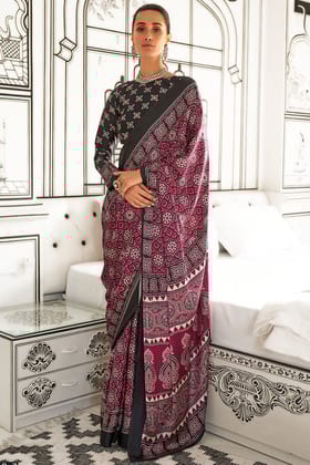 Wine Red Printed Ajrakh Satin Crepe Saree
