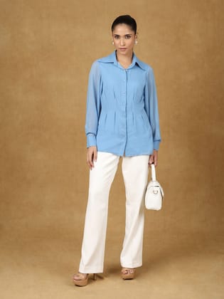 Blue Solid Darted Shirt-XS