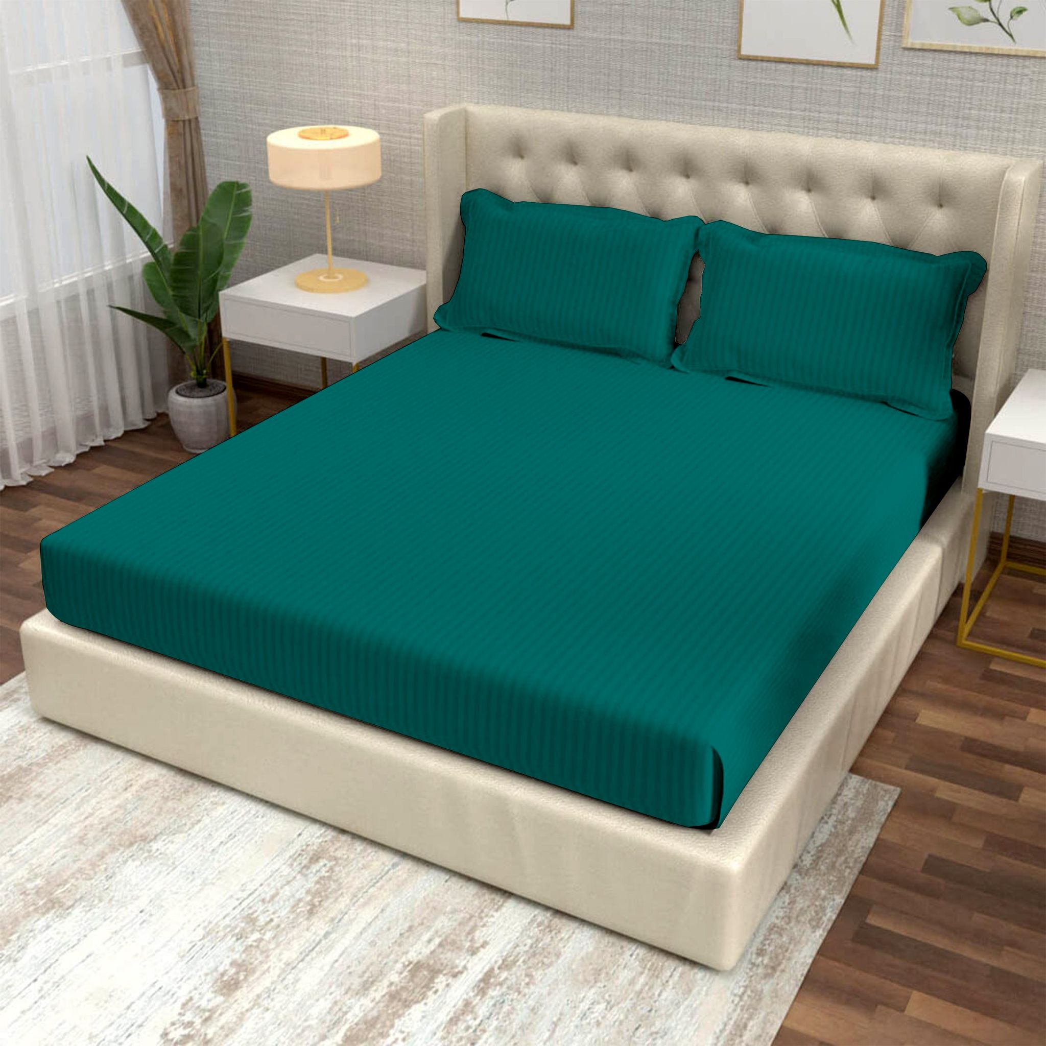 Turq Green Italian Stripes Flat King Size Bedsheet-King / TURQ GREEN / HT227KS