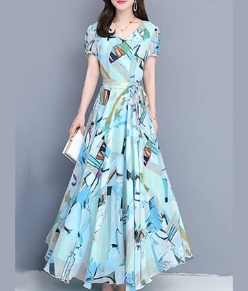RAABTA FASHIION Crepe Printed Full Length Women's Fit & Flare Dress - Blue ( Pack of 1 )