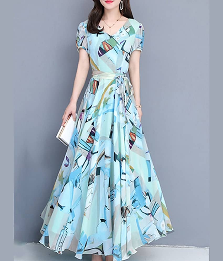 RAABTA FASHIION Crepe Printed Full Length Women's Fit & Flare Dress - Blue ( Pack of 1 )