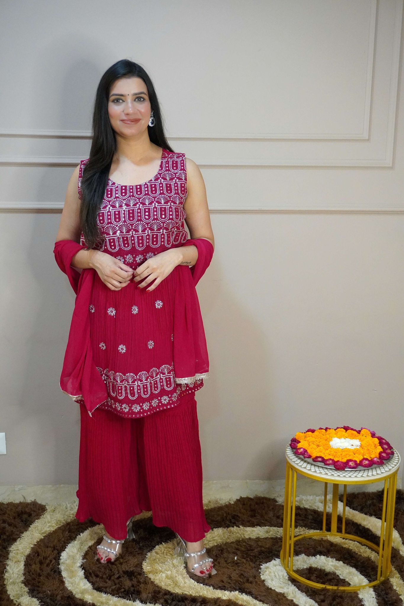 Dark Pink Colour Mirror & Thread Work Kurta with Sharara & Dupatta (Dress have 4 inch of margin both side for alteration as per customer need)-Free Size / Pink