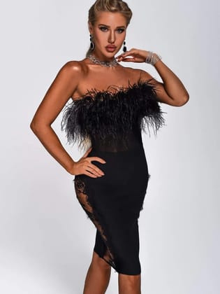Feather Tube Mesh Corset Dress-S / BLACK