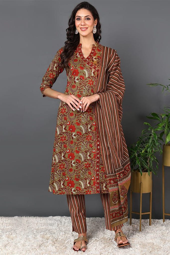 Brown Pure Cotton Ethnic Motifs Printed Anarkali Style Suit Set VKSKD2066 - Kurtas & Kurta Sets | Buy online on ZillyBuy
