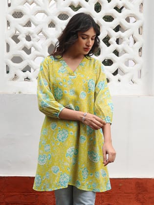 Lime Yellow Georgette Floral Regular Tunic Lime Yellow Georgette Floral Regular Tunic