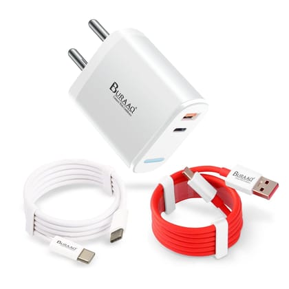 BURAAQ 65W Dual Port Fast Charger|USB 65W & Type C 25W PD Port|Compatible With iPhones, Samsung, Oppo, Oneplus, Realme, & Mi Phones|Fast Charger Type C| SUPERVOOC & Ultra Fast Protocols|BIS Certified| BURAAQ 65W Dual Port Fast Charger|USB 65W & Type C 25