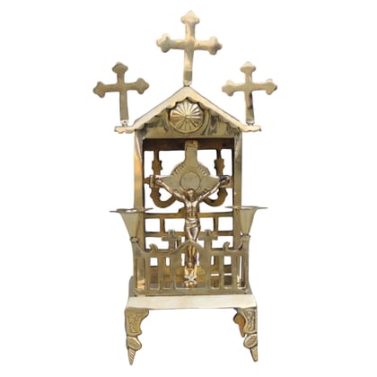 Brass Jesus Christ Church With Candle Stand – Divine Religious Decorative Piece, Height : 15.5 Inch (ZMAS576 E)