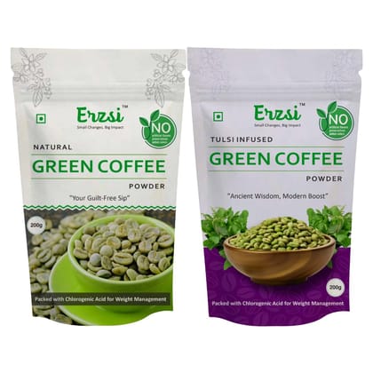 ERZSI Green Coffee Powder Combo Pack - Unflavored & Tulsi Flavored | Pure Unroasted Arabica Beans for Weight Loss & Detox | High Chlorogenic Acid | Weight Loss Supplement | 200G Each