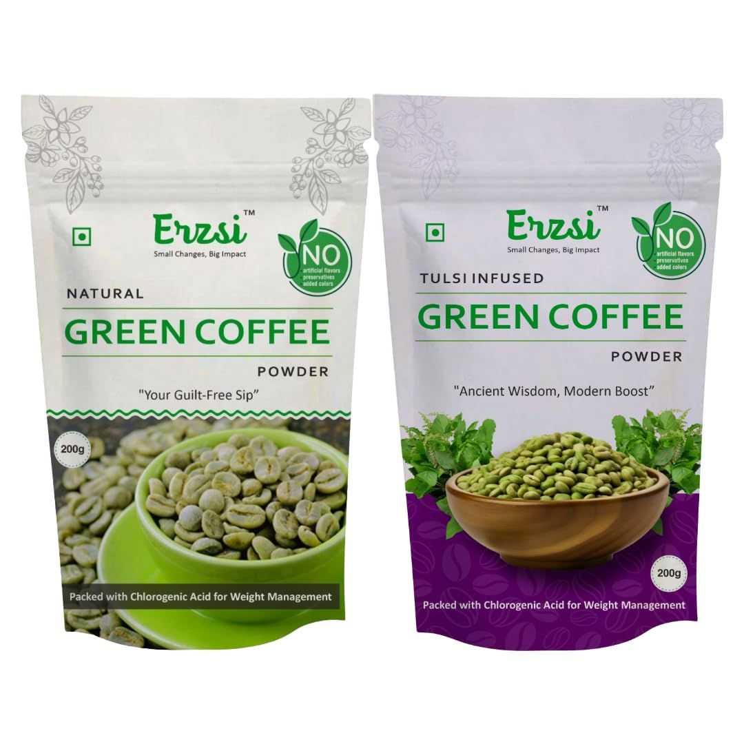 ERZSI Green Coffee Powder Combo Pack - Unflavored & Tulsi Flavored | Pure Unroasted Arabica Beans for Weight Loss & Detox | High Chlorogenic Acid | Weight Loss Supplement | 200G Each