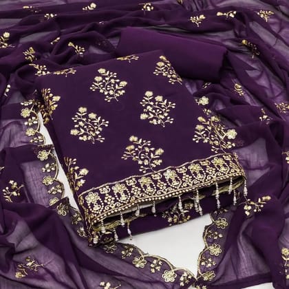 Georgette Golden Embroidery lace work Dress Material (Unstitched)-Wine