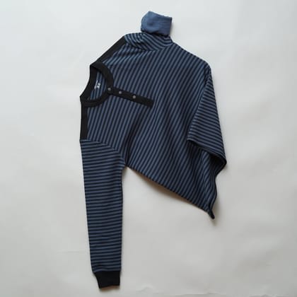Denim | Henley Neck Striped T-Shirt | Full Sleeve-M