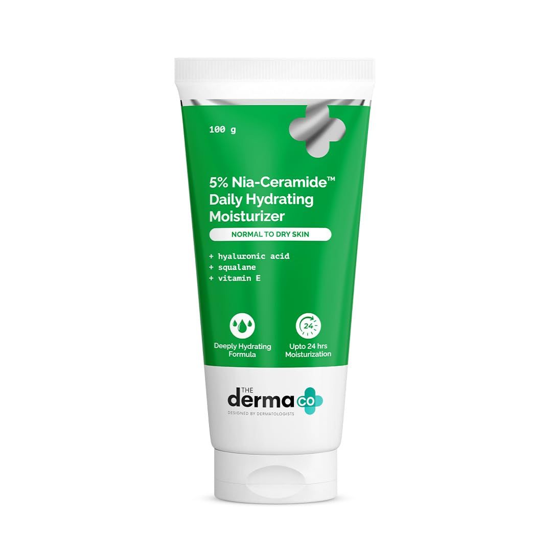 The Derma Co. 5% Nia-Ceramide Daily Hydrating Moisturizer | For Normal to Dry Skin | 24-H Moisturization | 5% Niacinamide, 2% Ceramide | Hyaluronic Acid, Vitamin E & Squalane | Non sticky | 100 g The Derma Co. 5% Nia-Ceramide Daily Hydrating Moisturizer 