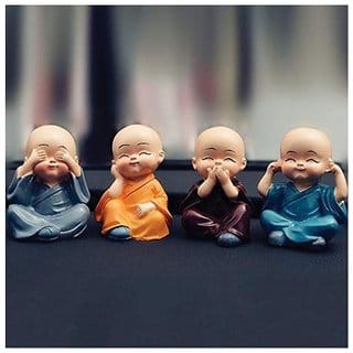SET OF 4 MINIATURE DECORATIVE BUDDHA MONK FIGURINES SHOWPIECE FOR CAR DASHBOARD