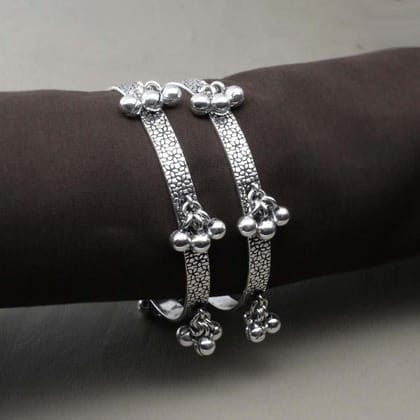 Real Sterling Silver with jingle Bells Women Oxidized Bangles Pair-6 CM (2.36 Inch) 2.6