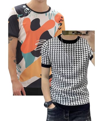 FABRIPPLE Polyester Regular Fit Self Design Half Sleeves Men's Round T-Shirt - Multicolor ( Pack of 1 )