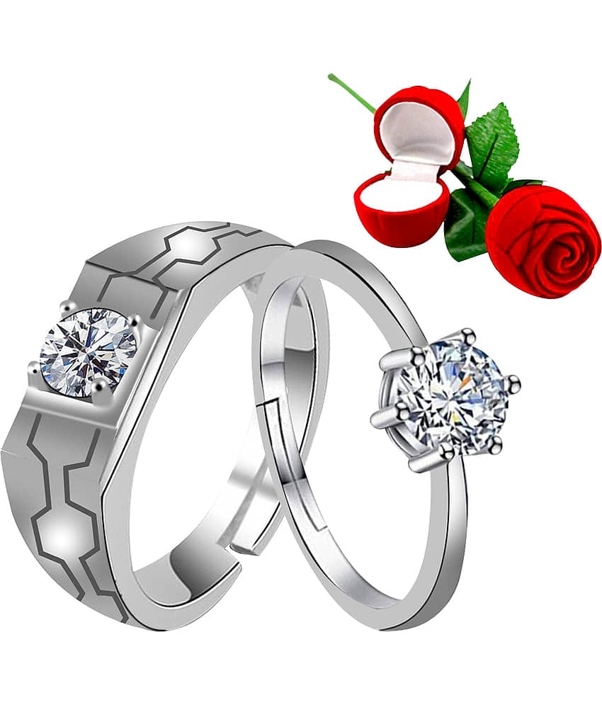 Silver Plated Adjustable Couple Rings Set for lovers Ring with 1 Piece Red Rose Gift Box  for Men and Women