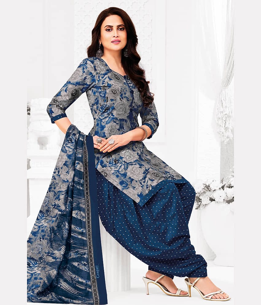 SIMMU Women Cotton Printed Straight Kurti With Patiala Salwar ( Blue )