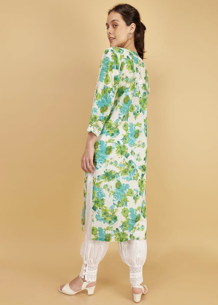 Pure Mulmul Floral Print Green Chikankari Long Straight Kurta