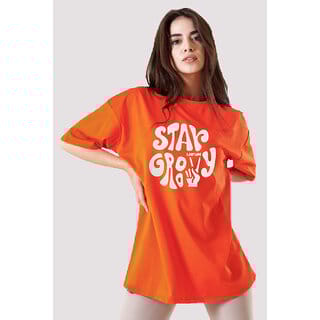 Leotude Orange Printed Cotton Blend Round Neck Half Sleeve T-Shirts For Womens